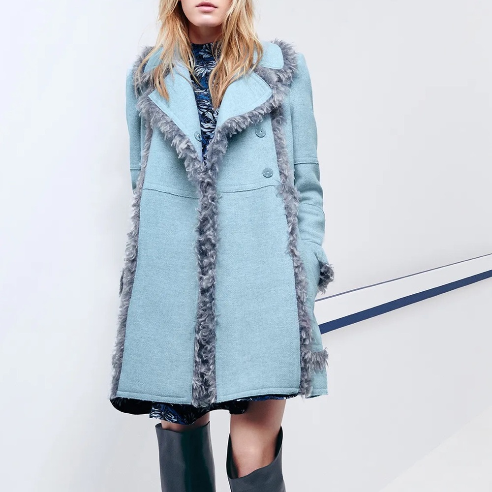 Rebecca Taylor Light Blue Teddy Coat with Gray Fur Trim